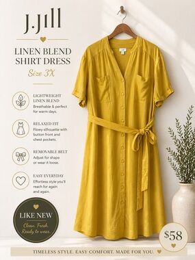 J. Jill Linen Blend Shirt Dress Yellow Size 3X Button Front Belted